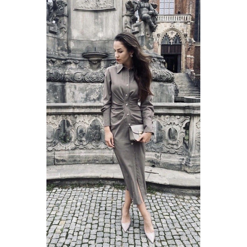 ZARA WOMAN Shirt Dress Gray/ash 8059/457 Wool Stretch Blend Sz S Cuffed Career